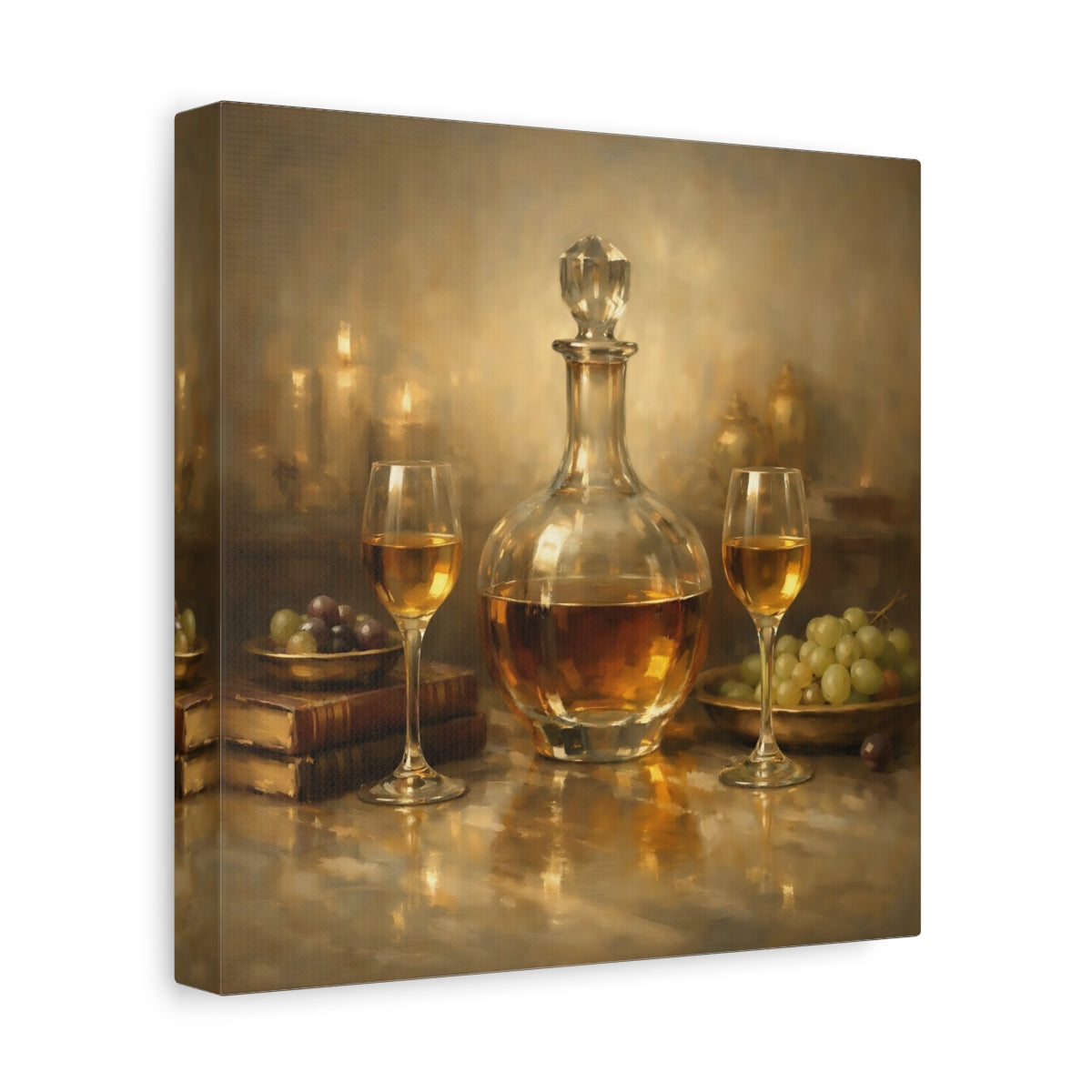 Side Mockup 9. Vintage Wine Decanter Gold Still Life shown as stretched canvas wall art