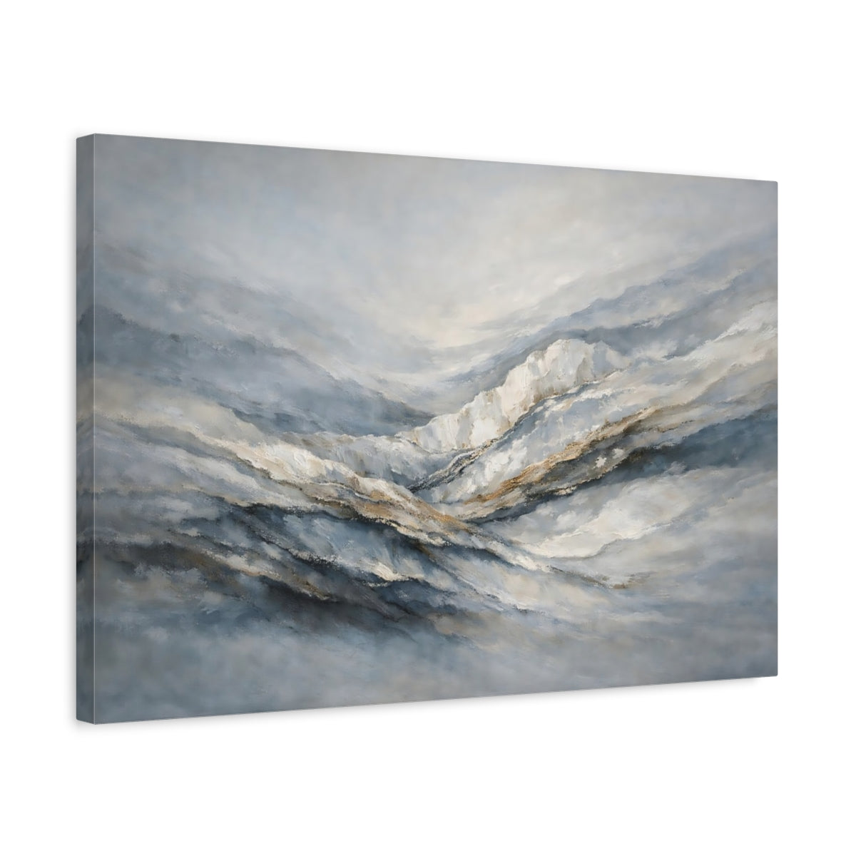 Side Mockup 3. Nature Abstract Mountains Blue Grey Brown shown as stretched canvas wall art