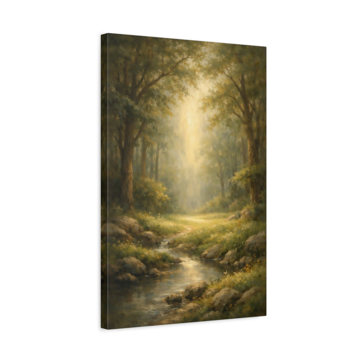 Side Mockup 3. Watercolor Forest Opening Light Scene shown as stretched canvas wall art