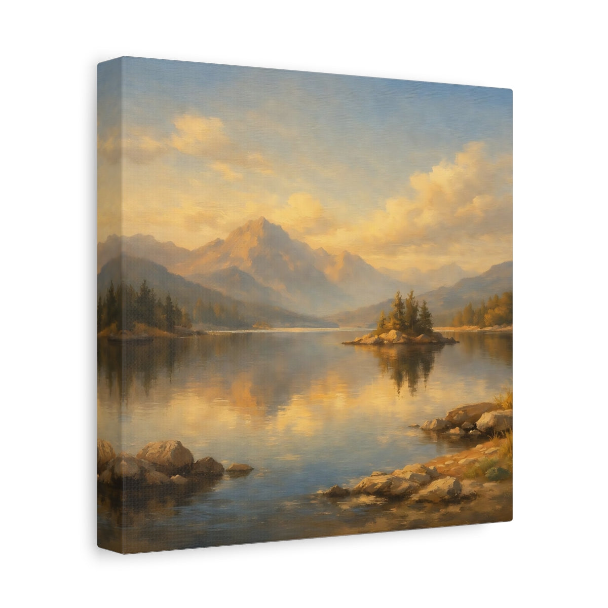 Side Mockup 9. Nature Mountain Lake Golden Mountain Lake shown as stretched canvas wall art