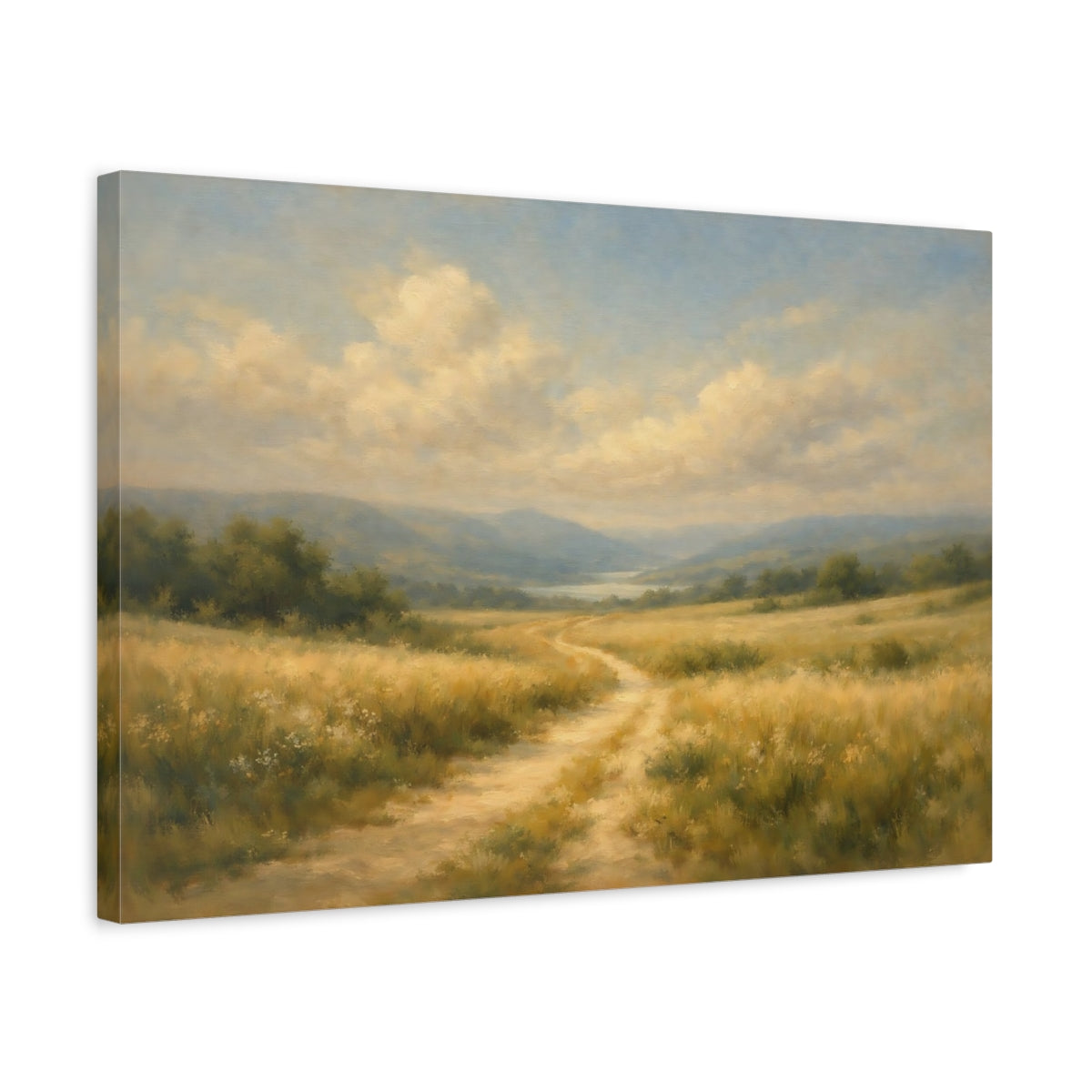 Side Mockup 3. Gallery Style Path Through Field Wide Scene shown as stretched canvas wall art