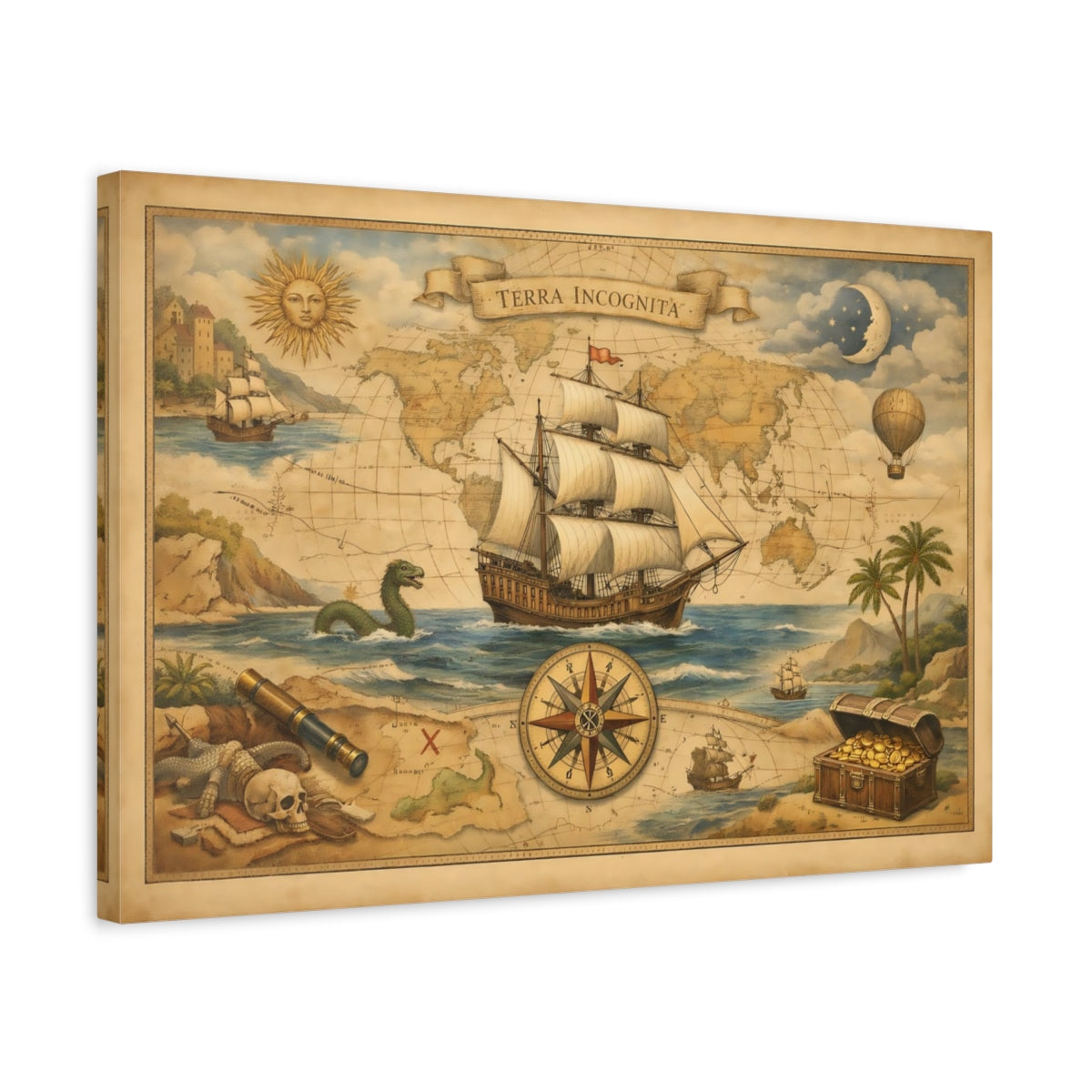 Modern Vintage Map Sailing Ship - Canvas Wall Art Print