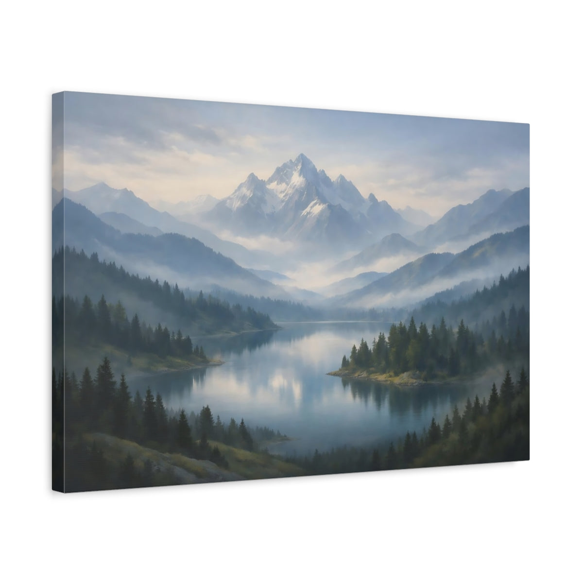 Contemporary Misty Mountains Lake Nature - Canvas Wall Art Print
