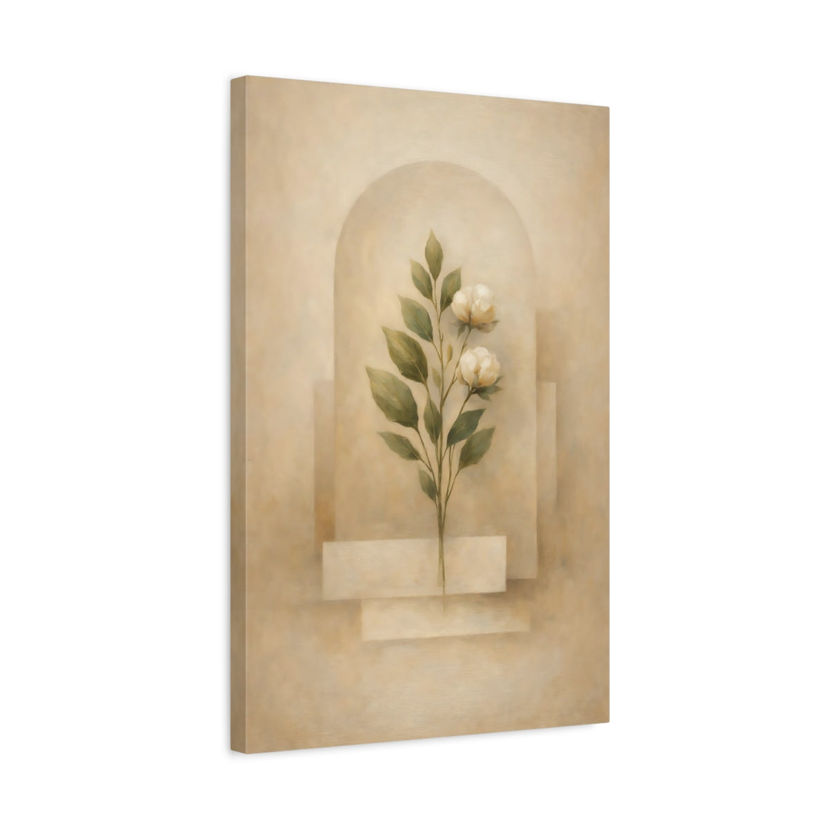 Side Mockup 3. Floral White Flowers Beige Floral shown as stretched canvas wall art