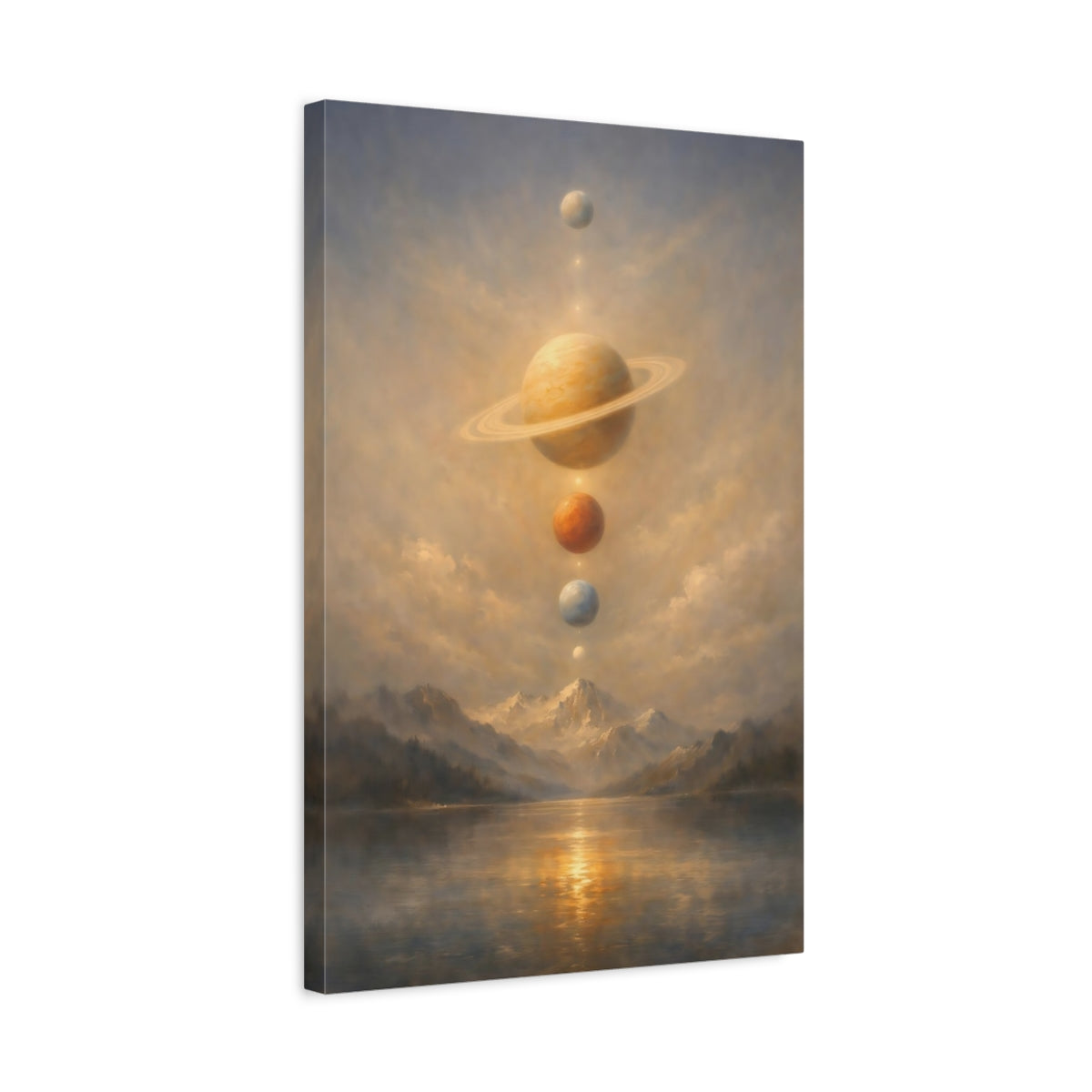 Side Mockup 3. Science Fiction Planets Cosmic Landscape shown as stretched canvas wall art