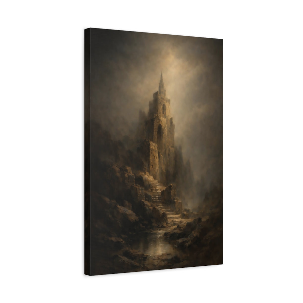 Side Mockup 3. Horror Ancient Tower Brown And Gray Landscape shown as stretched canvas wall art