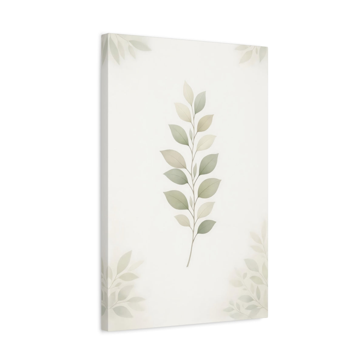 Side Mockup 3. Nature Leaf Branch Pastel Green Leaves shown as stretched canvas wall art