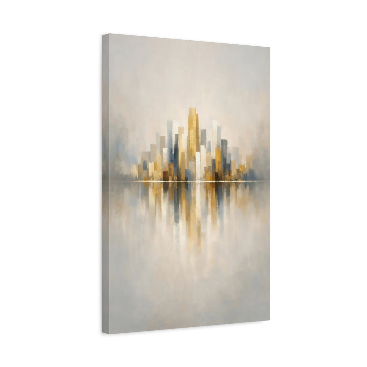 Side Mockup 3. Abstract Cityscape Gold Grey Cityscape shown as stretched canvas wall art