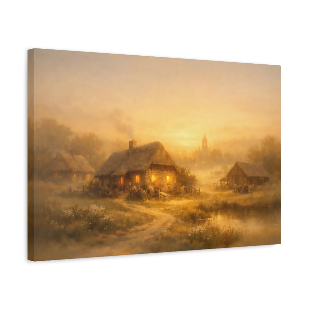 Golden Glow Rustic Village Cottages Fairytale - Canvas Wall Art Print