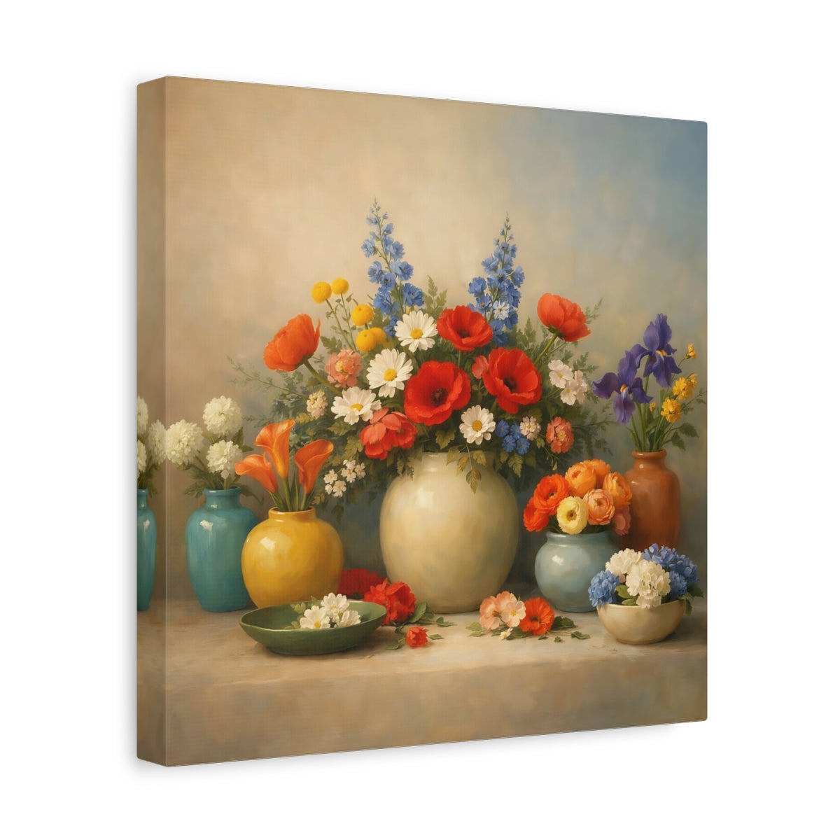 Side Mockup 8. Floral Flower Arrangements Vibrant Floral Still Life shown as stretched canvas wall art
