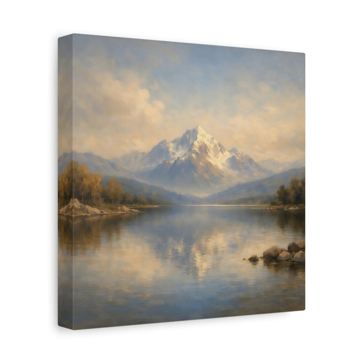 Side Mockup 9. Nature Snowy Mountain Mountain Lake Landscape shown as stretched canvas wall art