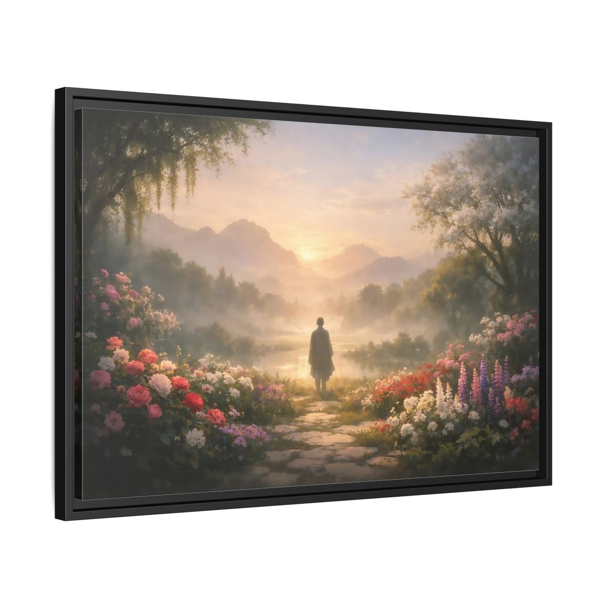 Side Mockup 4. Mist Depth Blooming Garden shown as stretched canvas wall art