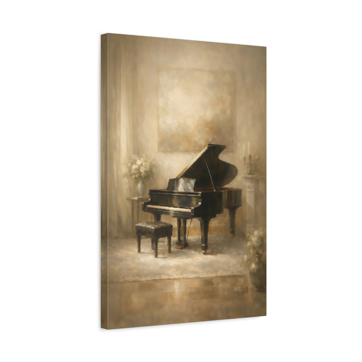 Side Mockup 3. Vintage Grand Piano Sepia Piano shown as stretched canvas wall art