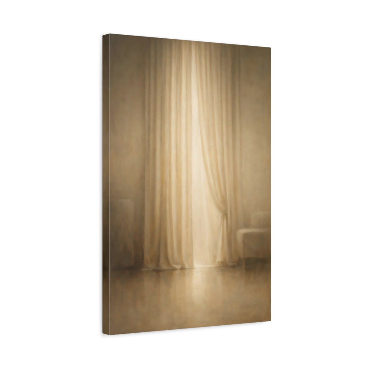 Side Mockup 3. Organic Minimal Curtain Fold Light Line shown as stretched canvas wall art