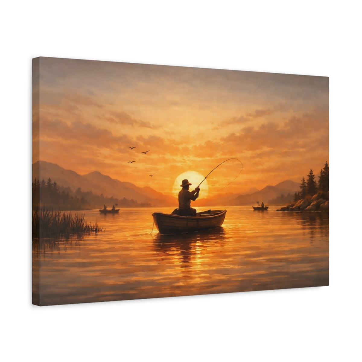 Side Mockup 3. Vintage Sunset Fishing shown as stretched canvas wall art