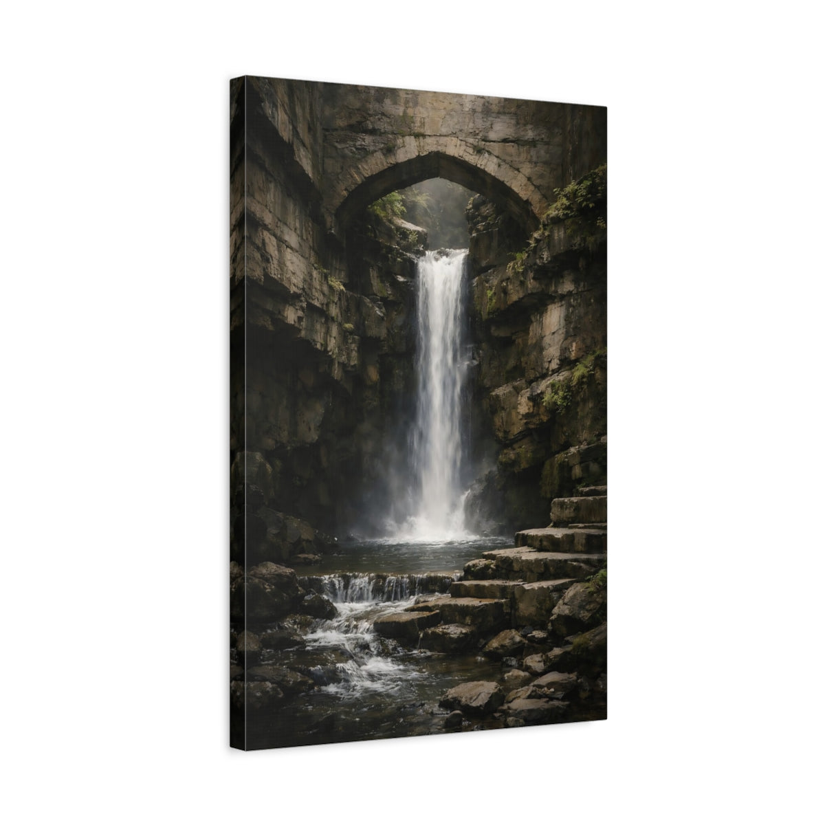 Side Mockup 3. Nature Waterfall Dark Waterfall Bridge shown as stretched canvas wall art