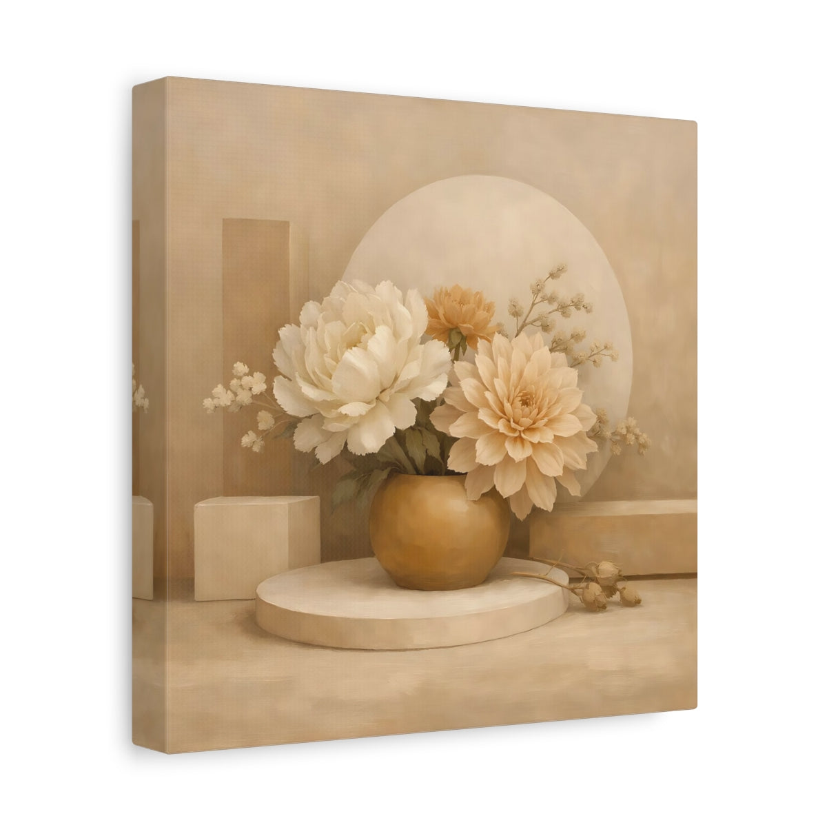 Side Mockup 9. Floral Floral Arrangement Beige And Cream shown as stretched canvas wall art