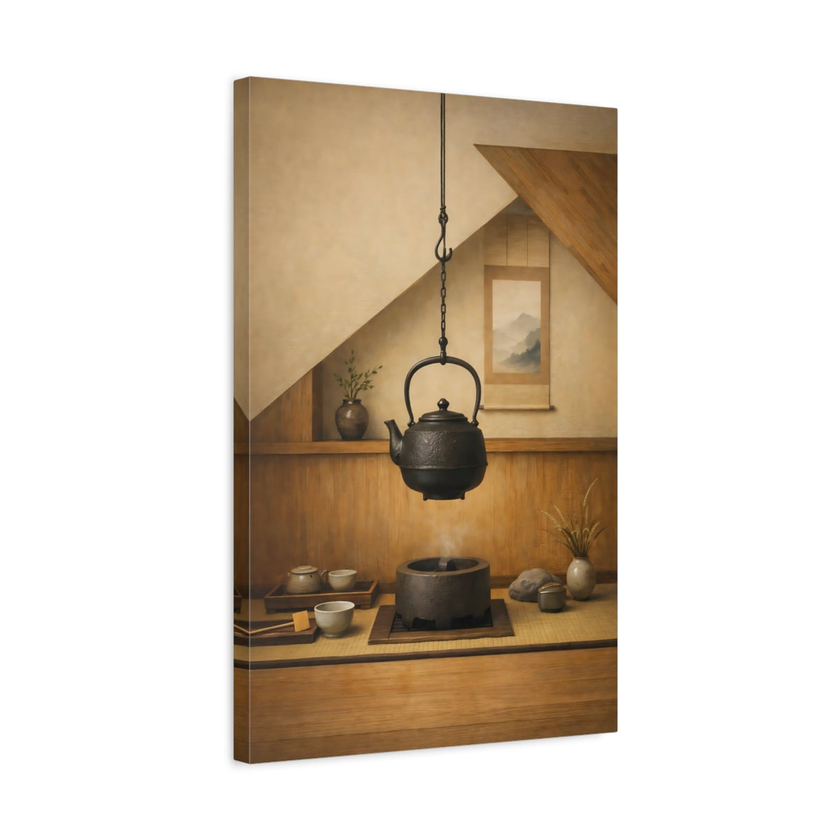 Side Mockup 3. Vintage Japanese Kettle Brown And Black Zen shown as stretched canvas wall art