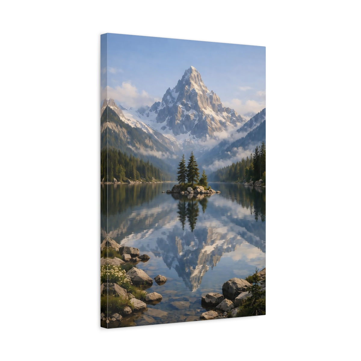 Side Mockup 3. Nature Snowy Mountain Snowy Mountain Lake shown as stretched canvas wall art