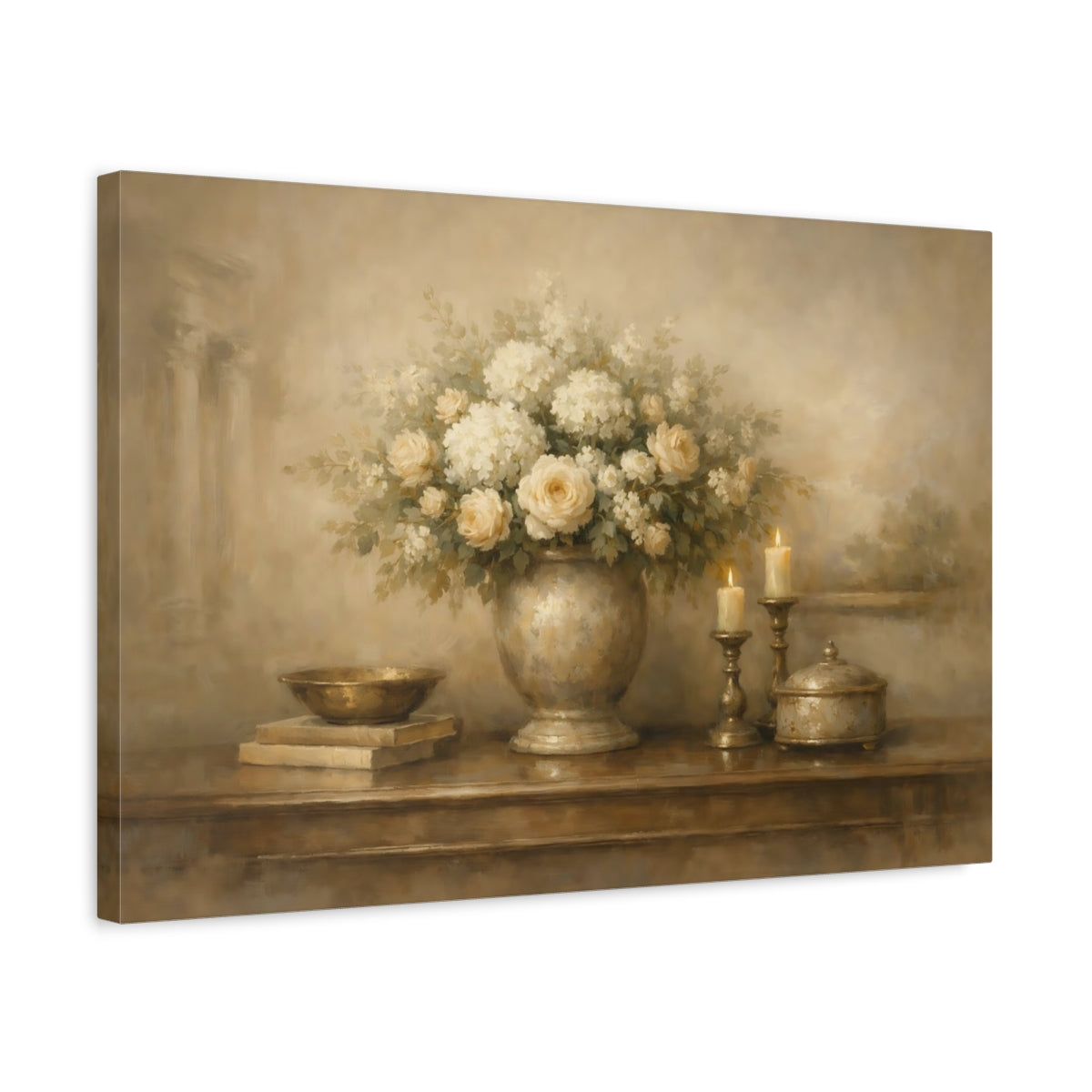 Side Mockup 3. Ethereal Warm Greige Interior Composition shown as stretched canvas wall art
