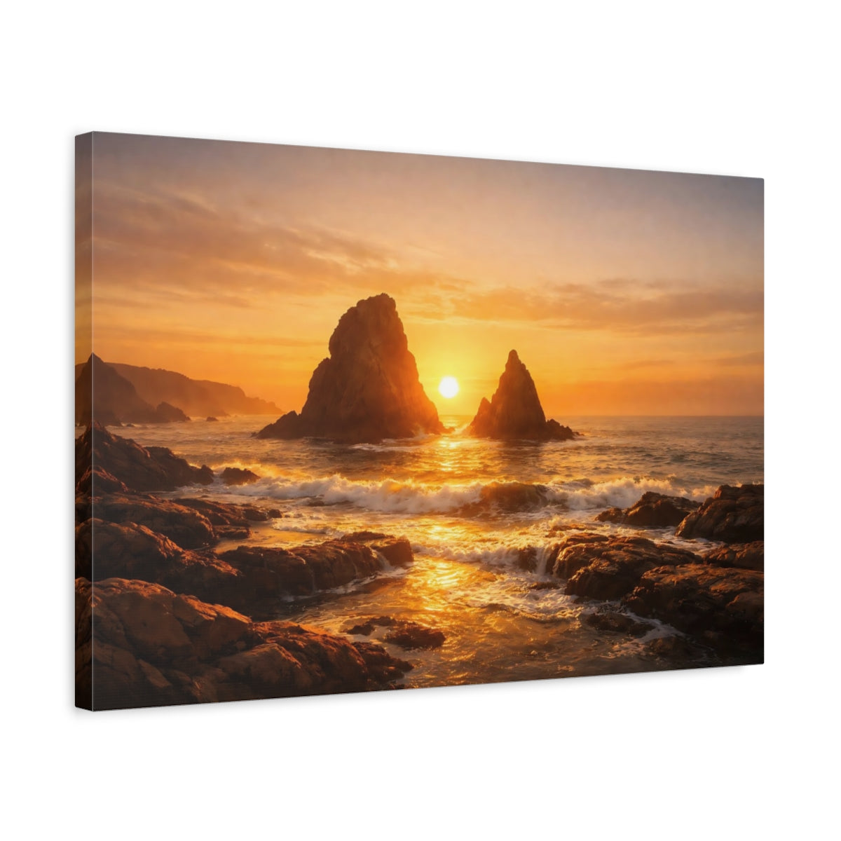 Golden Glow Sunset Coast Ocean Nature - Canvas Wall Art Print