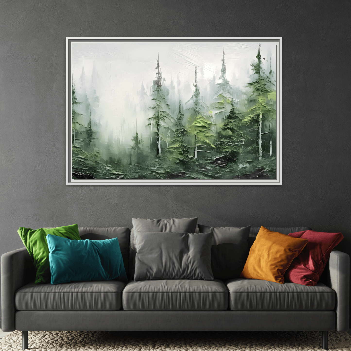 Abstract Green Forest Trees Large Framed Canvas Wall Art Print
