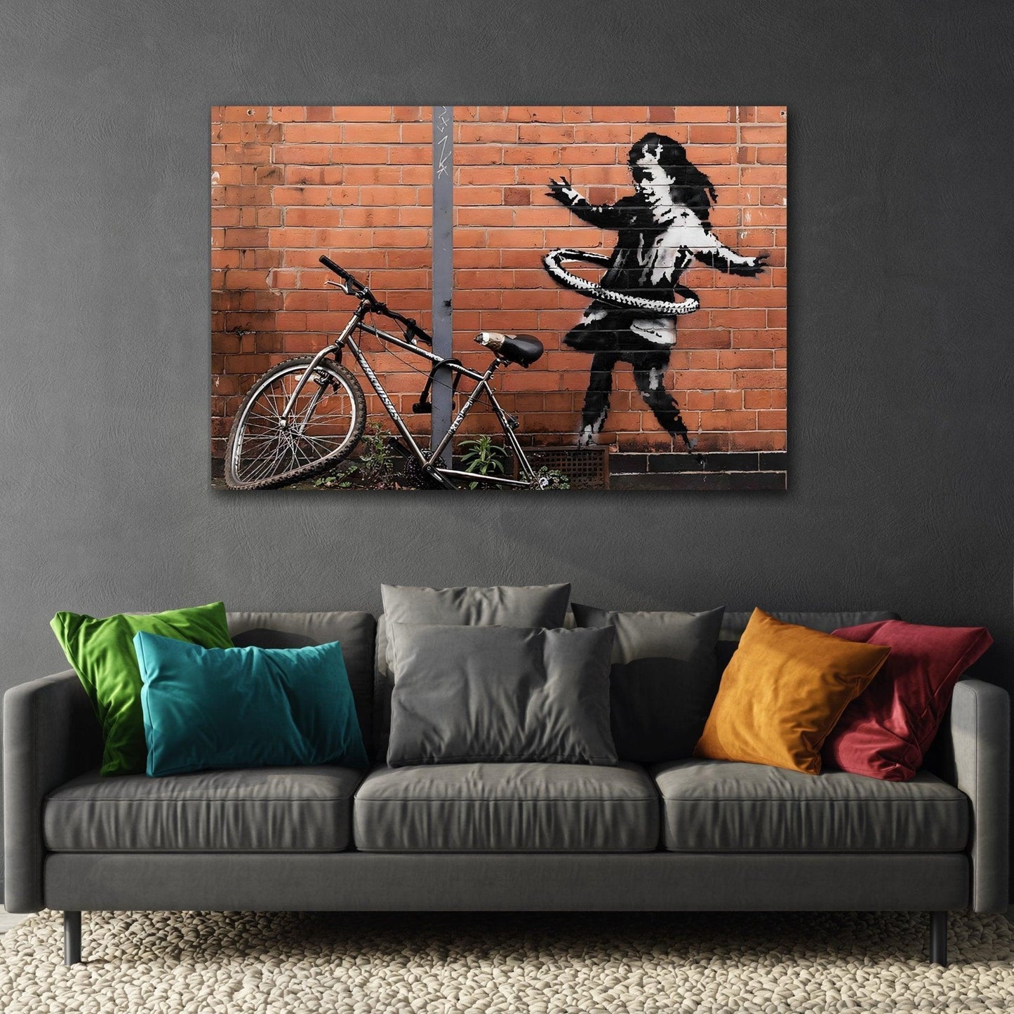 Banksy Hula Hooping Girl with Bike - Framed Canvas Wall Art Painting Print