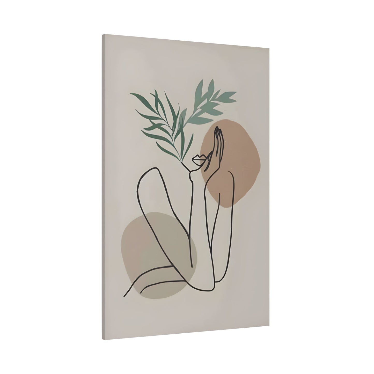 Boho Woman Line Floral Simple Beige Green Canvas Wall Art Print