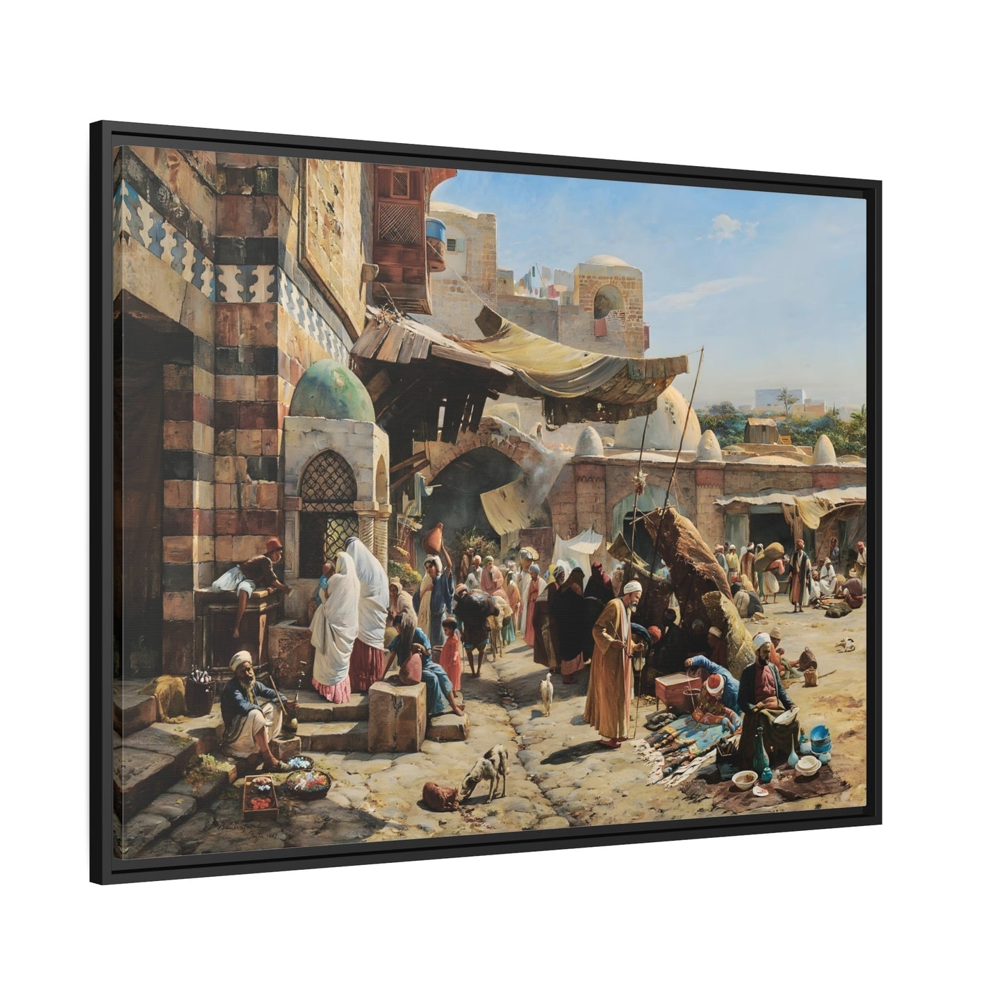 Colorful Mediterranean Landscape Canvas Print - Framed Stretched Wall Art Reproduction in Black Pinewood Frame