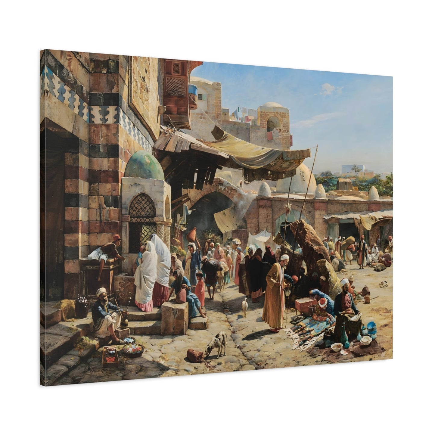 Colorful Mediterranean Market in Israel Landscape - Framed Stretched Canvas Wall Art Print Reproduction