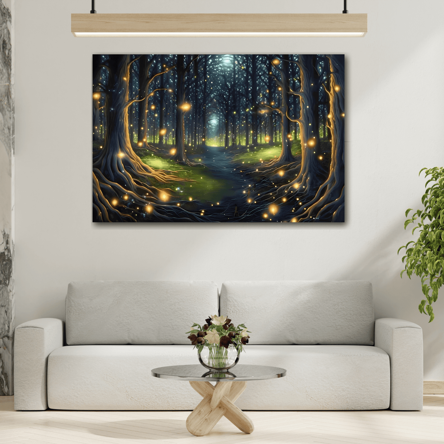 Fireflies Forest Trail Canvas Print, Magic Illumination Wall Art