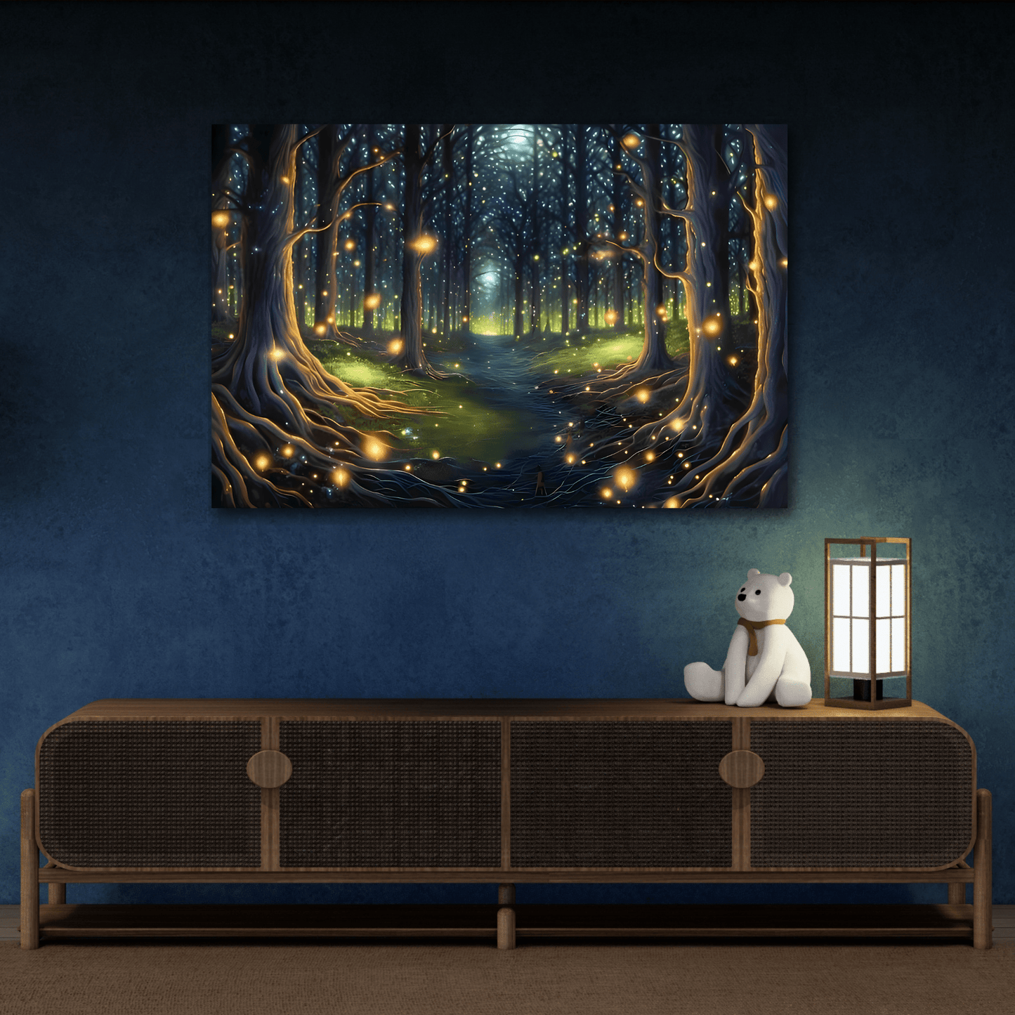 Fireflies Forest Trail Canvas Print, Magic Illumination Wall Art