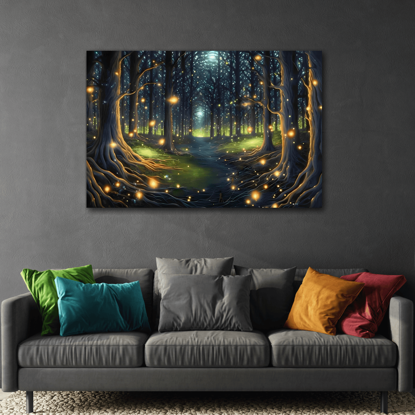 Fireflies Forest Trail Canvas Print, Magic Illumination Wall Art