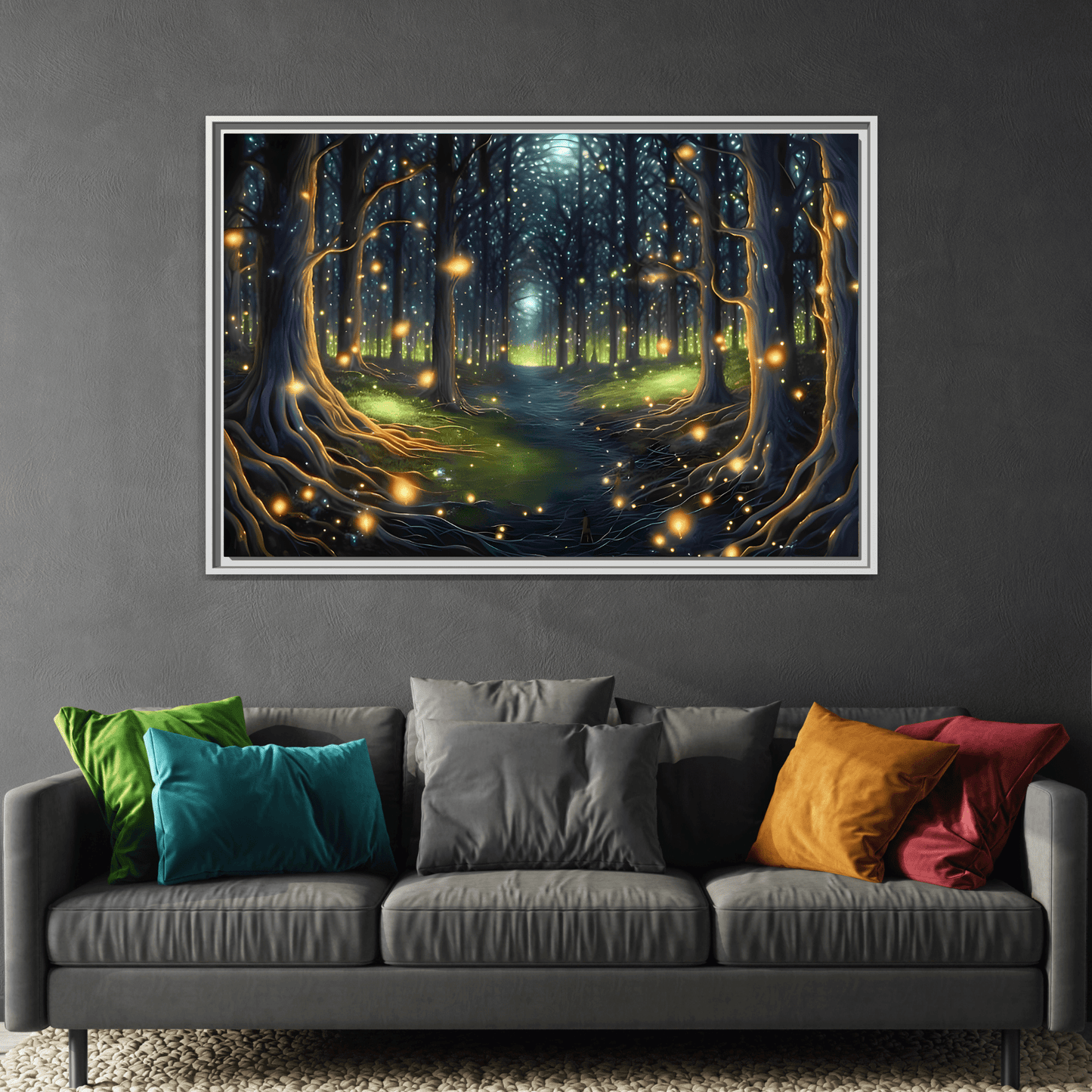 Fireflies Magic Trail Canvas Print, Electric Forest Illumination Wall Art