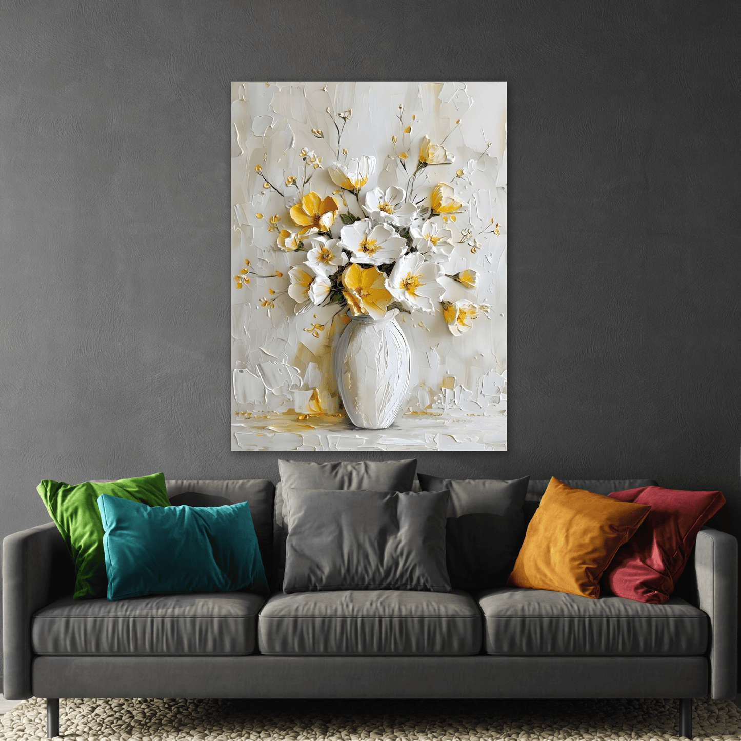 Floral Canvas Yellow White Vintage Flowers Wall Art Print