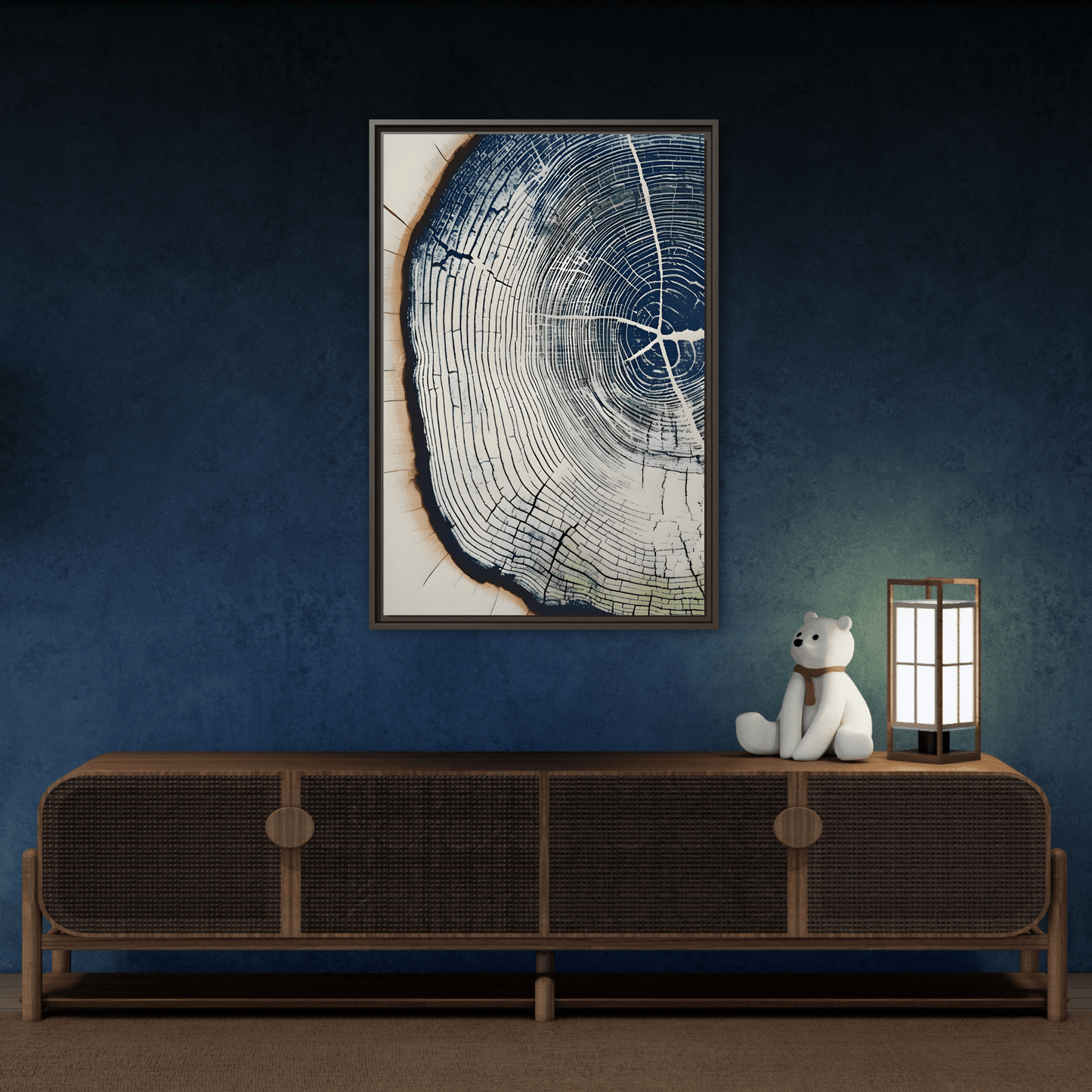 Framed Canvas Wall Art Navy Blue Wood Tree Ring Rustic Vintage Farmhouse Lodge