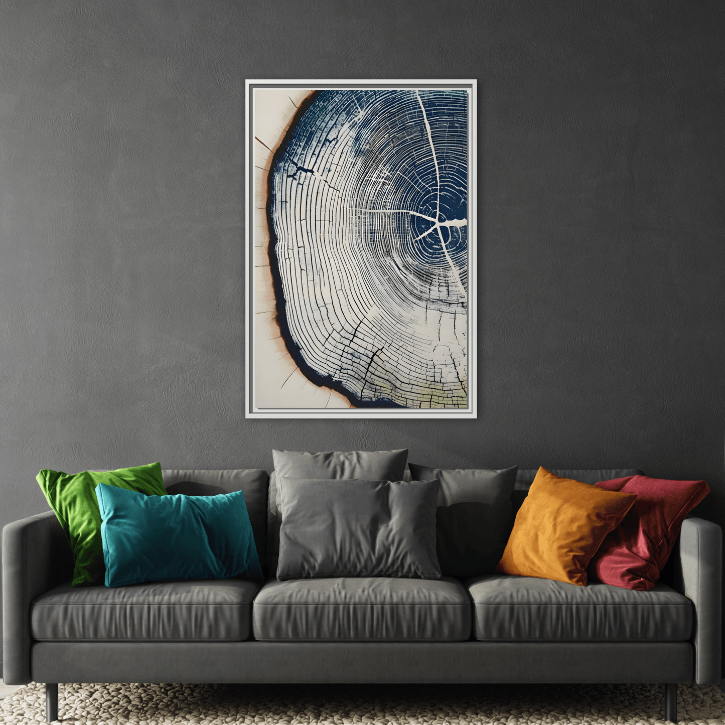 Framed Canvas Wall Art Navy Blue Wood Tree Ring Rustic Vintage Farmhouse Lodge