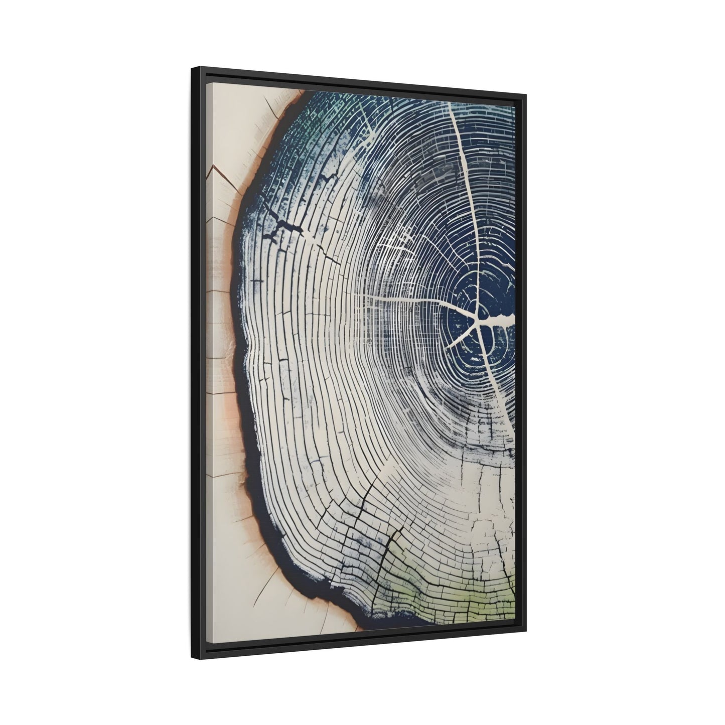 Framed Canvas Wall Art Navy Blue Wood Tree Ring Rustic Vintage Farmhouse Lodge