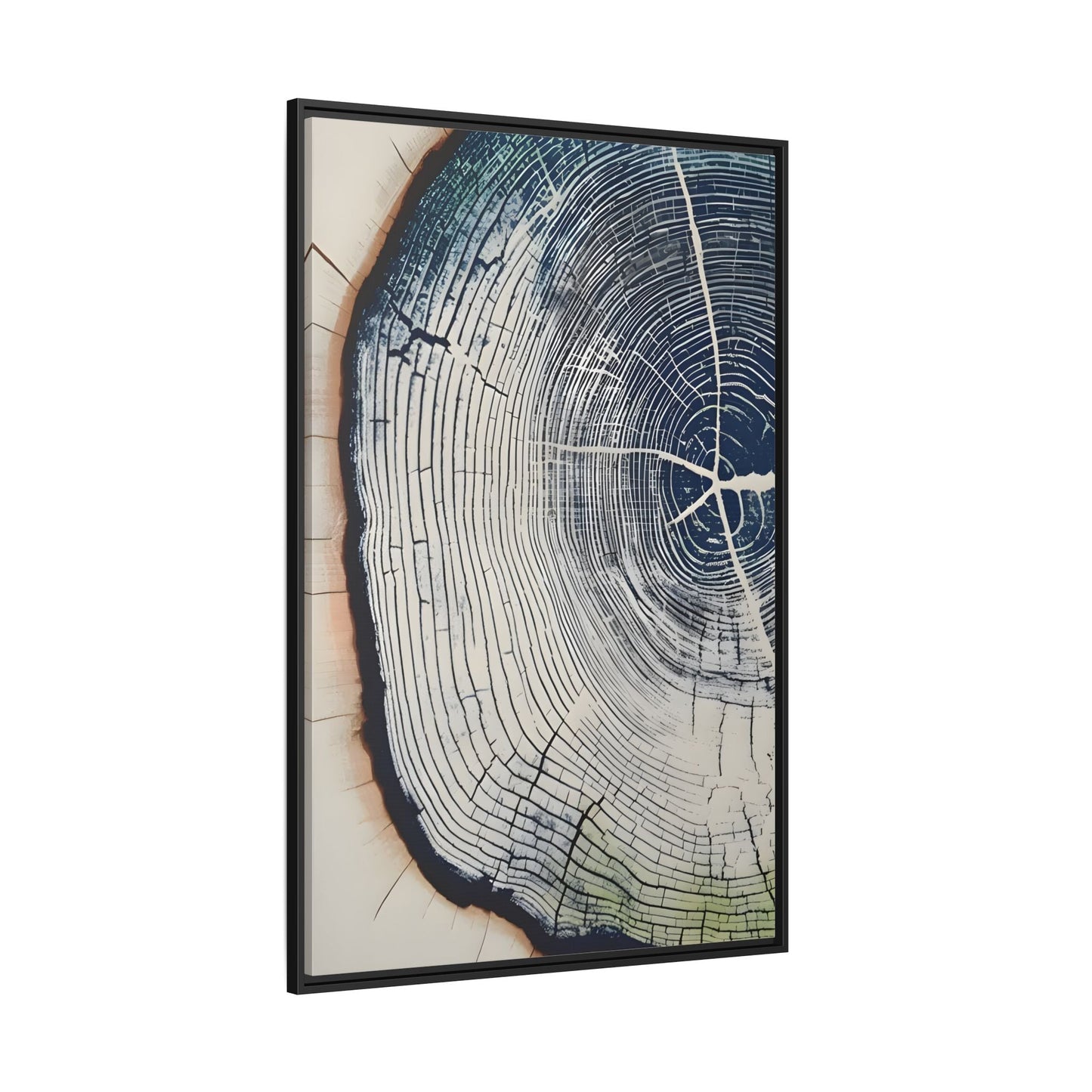 Framed Canvas Wall Art Navy Blue Wood Tree Ring Rustic Vintage Farmhouse Lodge