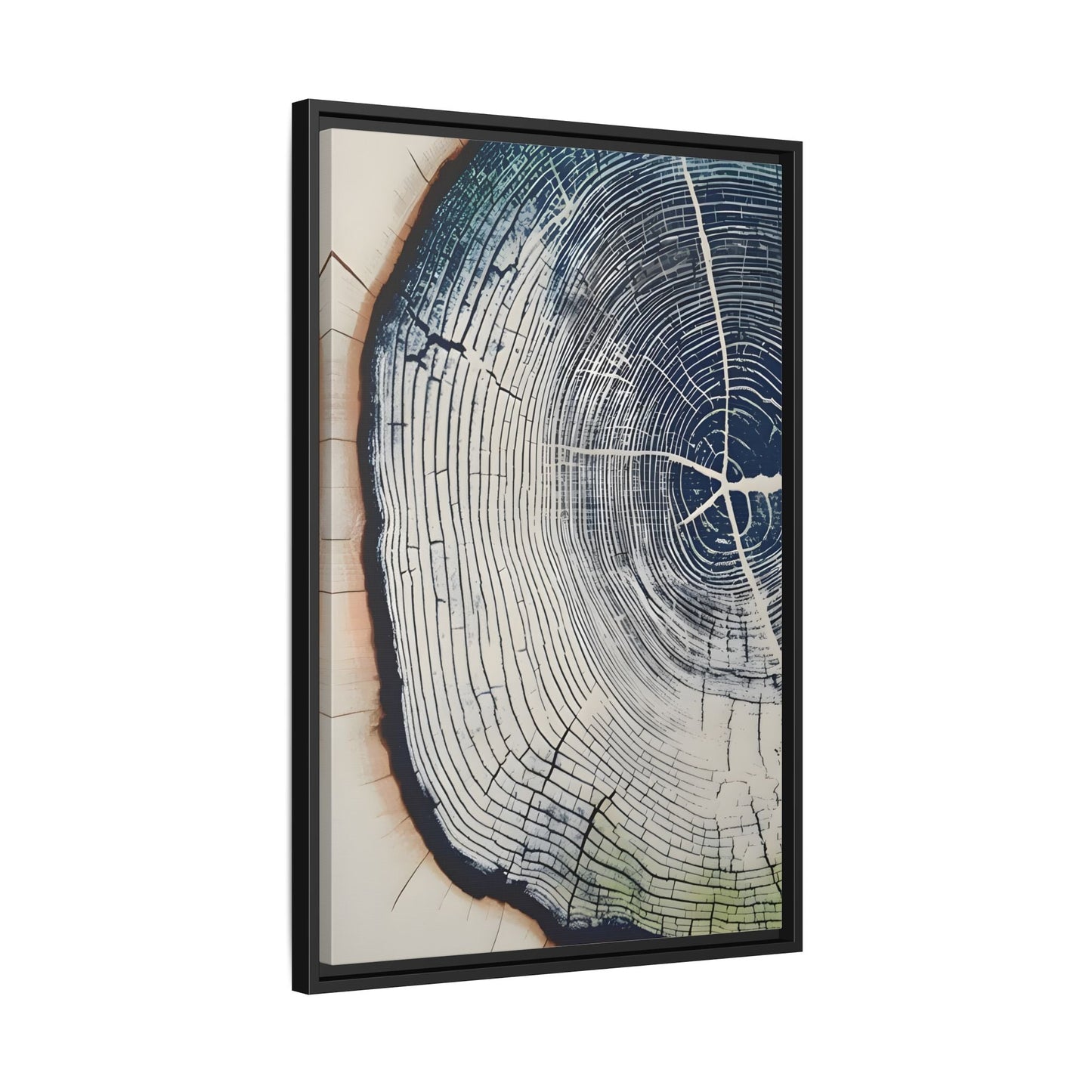 Framed Canvas Wall Art Navy Blue Wood Tree Ring Rustic Vintage Farmhouse Lodge