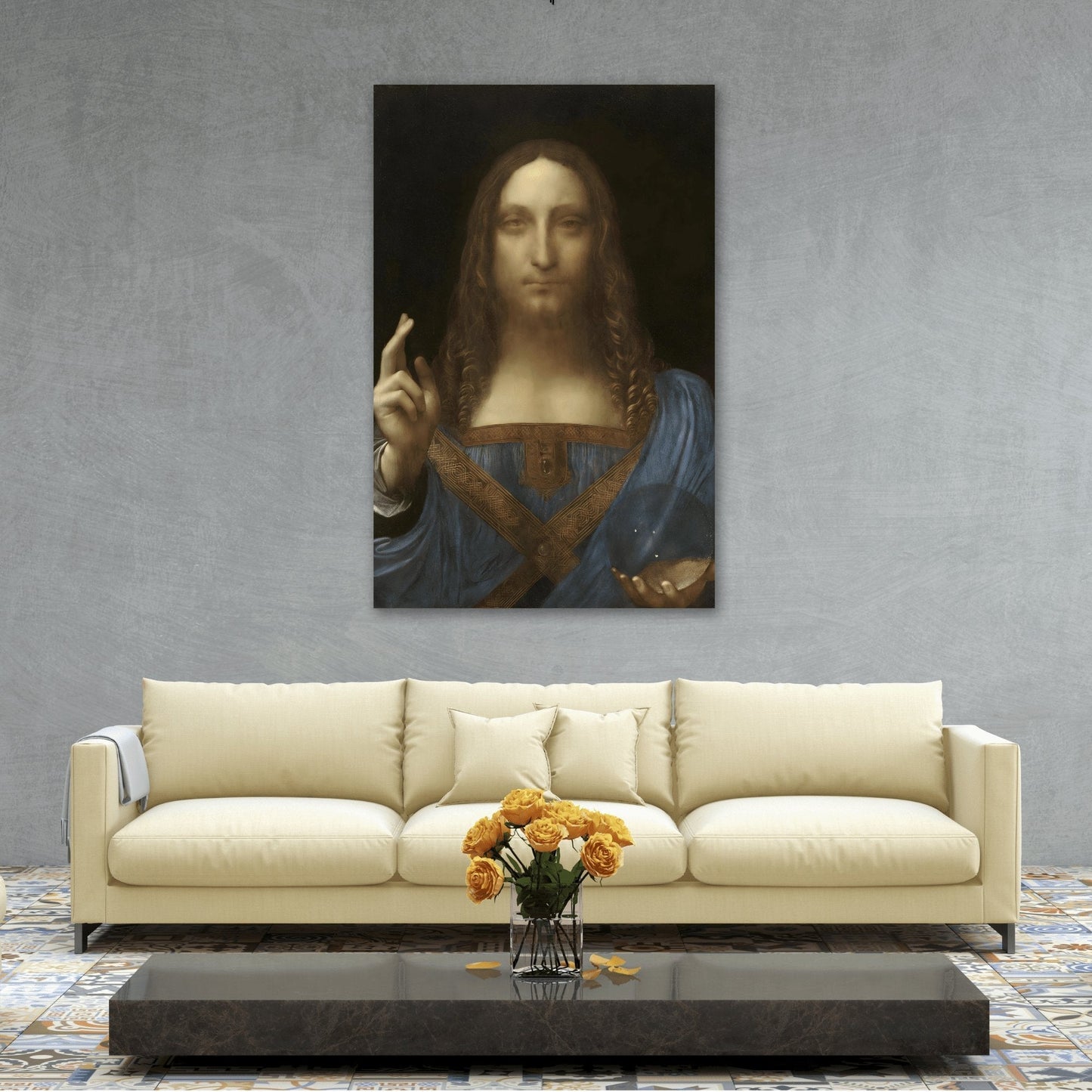 Framed Canvas Wall Art Print Reproduction - Iconic Leonardo da Vinci Salvator Mundi