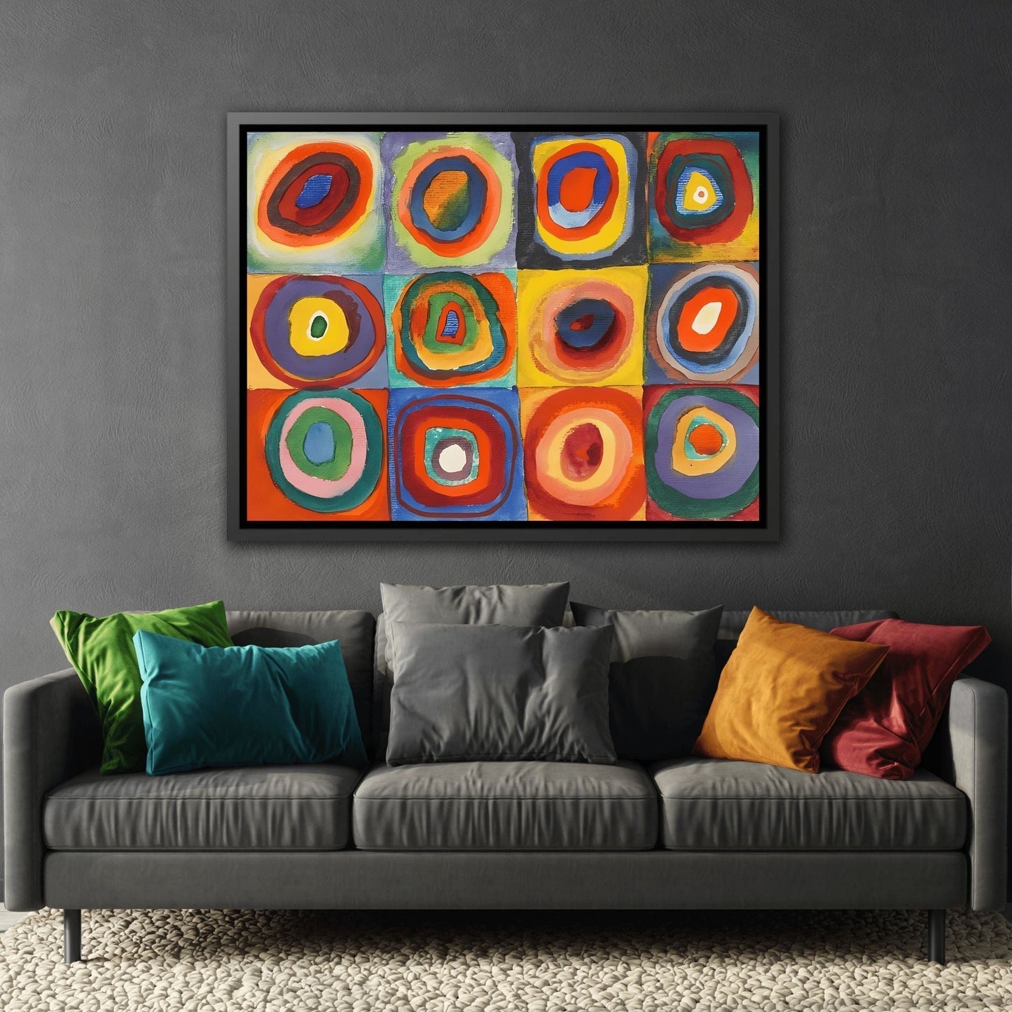 Framed Modern Abstract Kandinsky Canvas Wall Art Reproduction - Contemporary Home Decor Color Squares with Circles