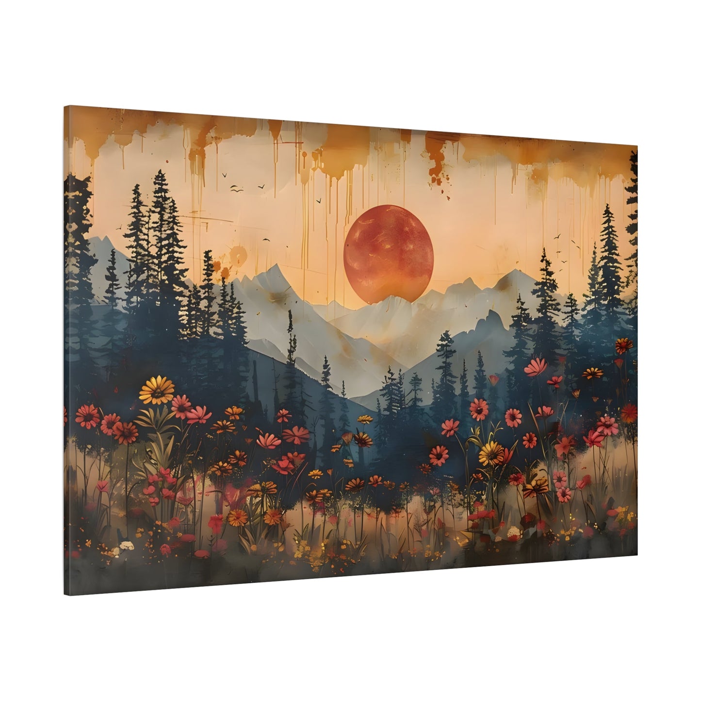 Full Moon Wildflower Canvas, Moonlit Forest Rustic Mountain Wall Art