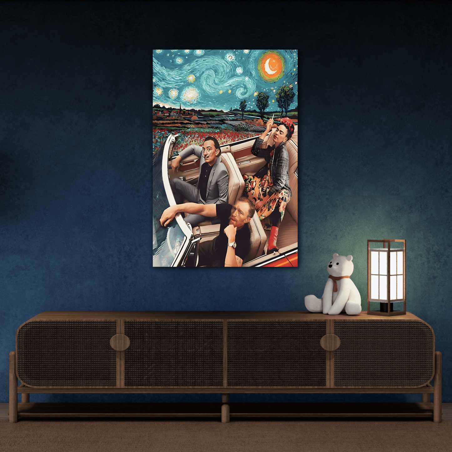Funny Modern Starry Night Kahlo Van Gogh Dali Car Canvas Wall Art Print
