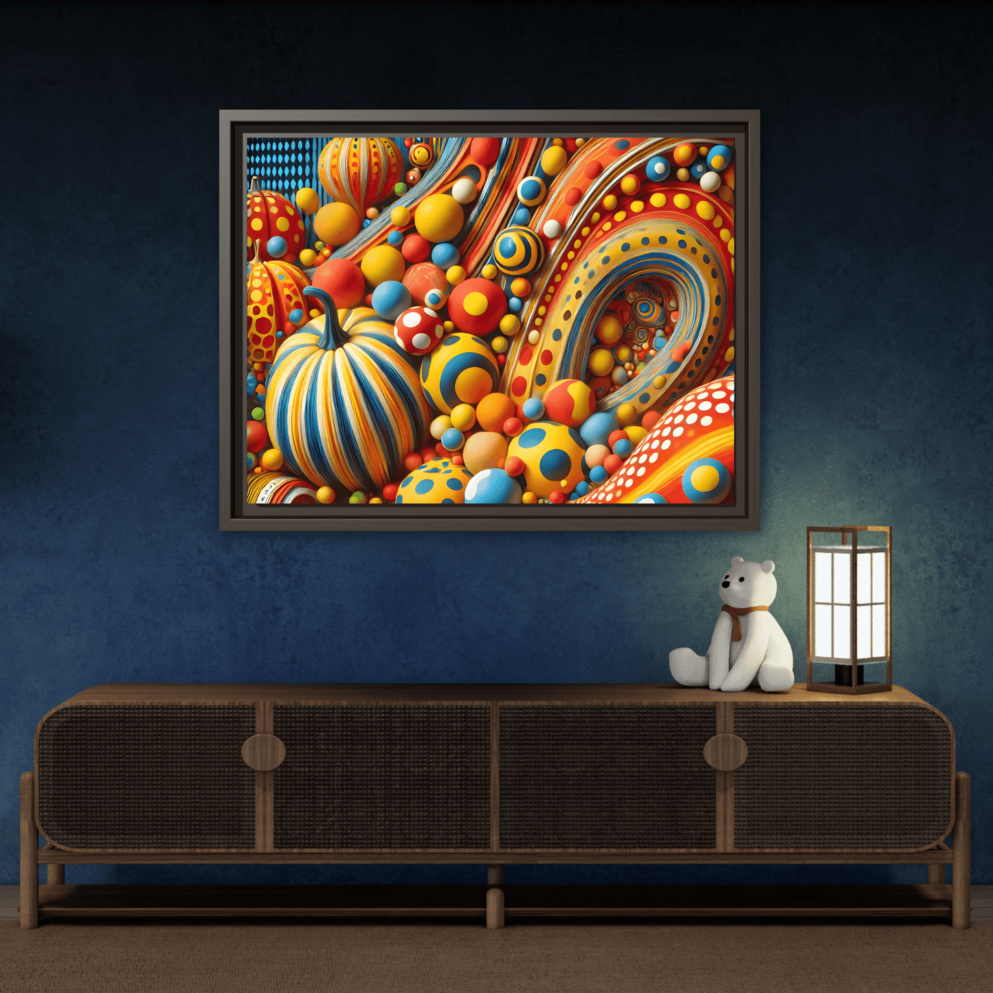 Japanese Abstract Pumpkin Dot Canvas Wall Art – Modern Kusama Inspired Colorful Surreal Print