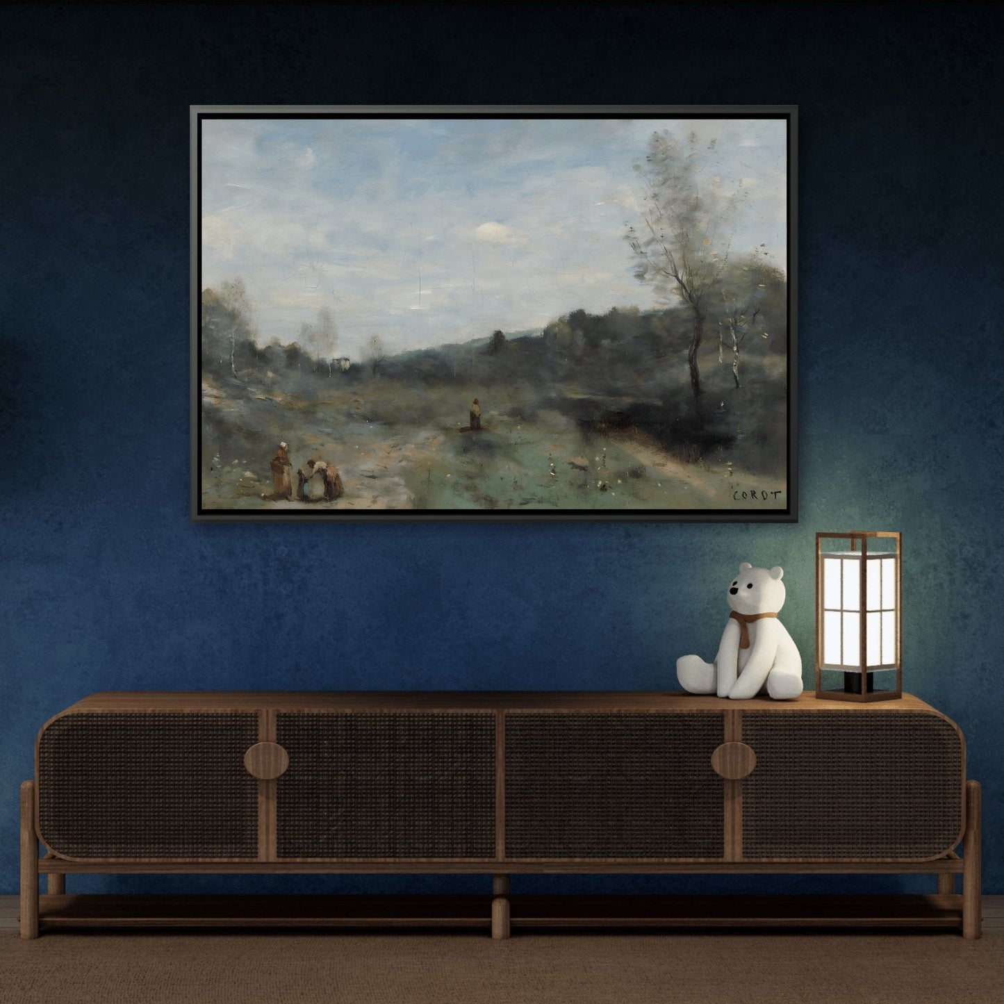 Jean Baptiste Camille Corot Cleared Valley Landscape - Framed Nature Canvas Wall Art Print in Black Frame