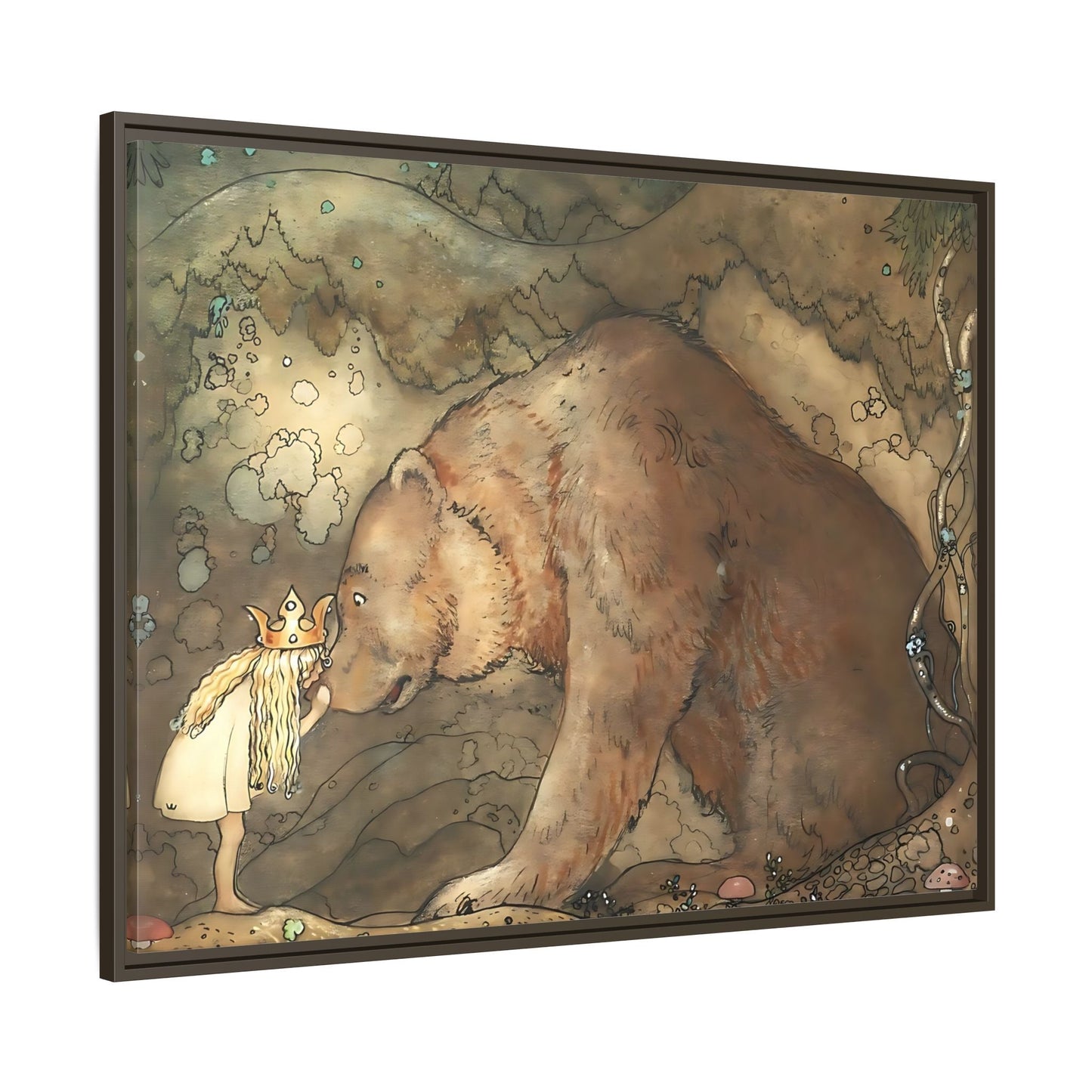 John Bauer Kissed Bear Canvas Print - Framed Fairy Tale Wall Art Prints