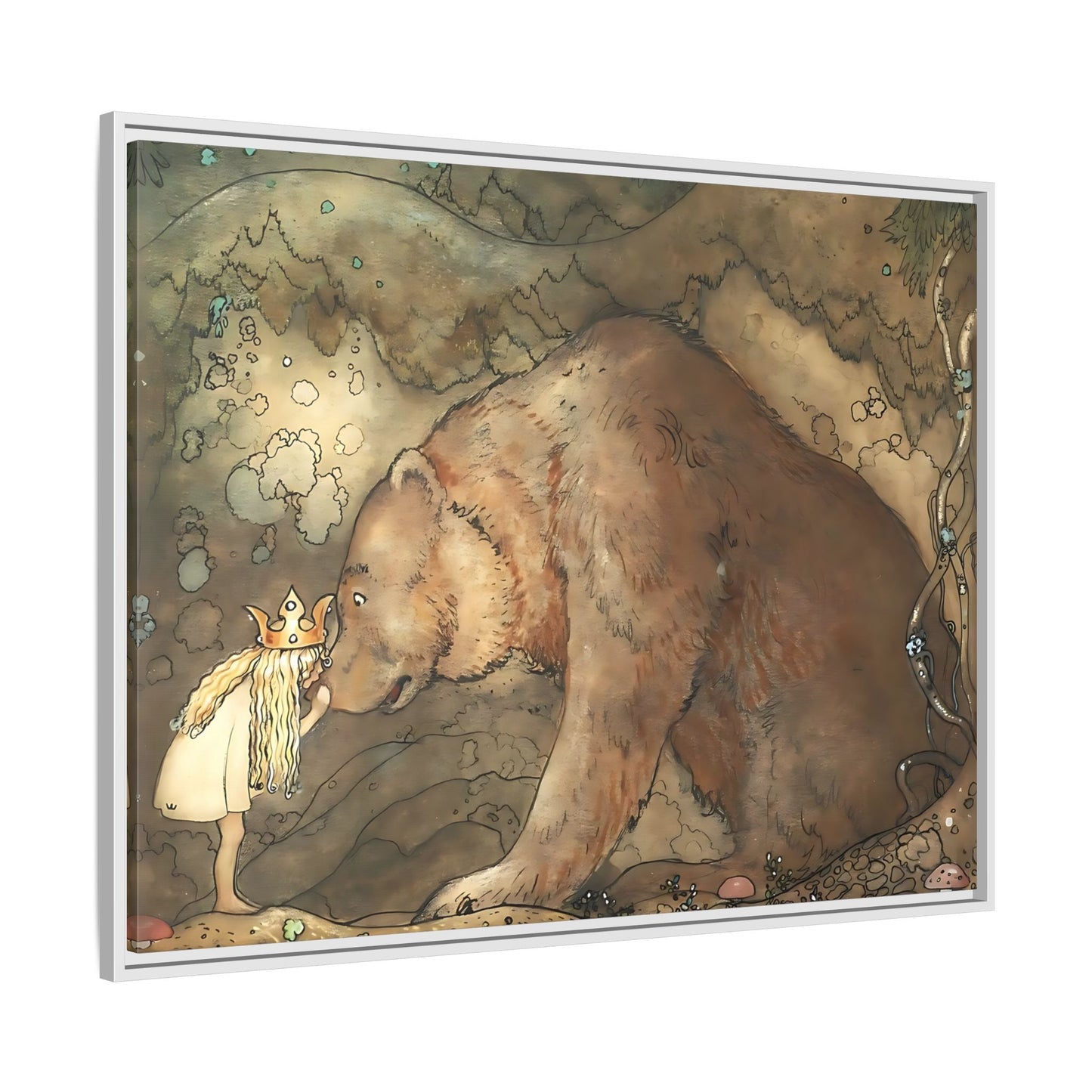 John Bauer Kissed Bear Canvas Print - Framed Fairy Tale Wall Art Prints