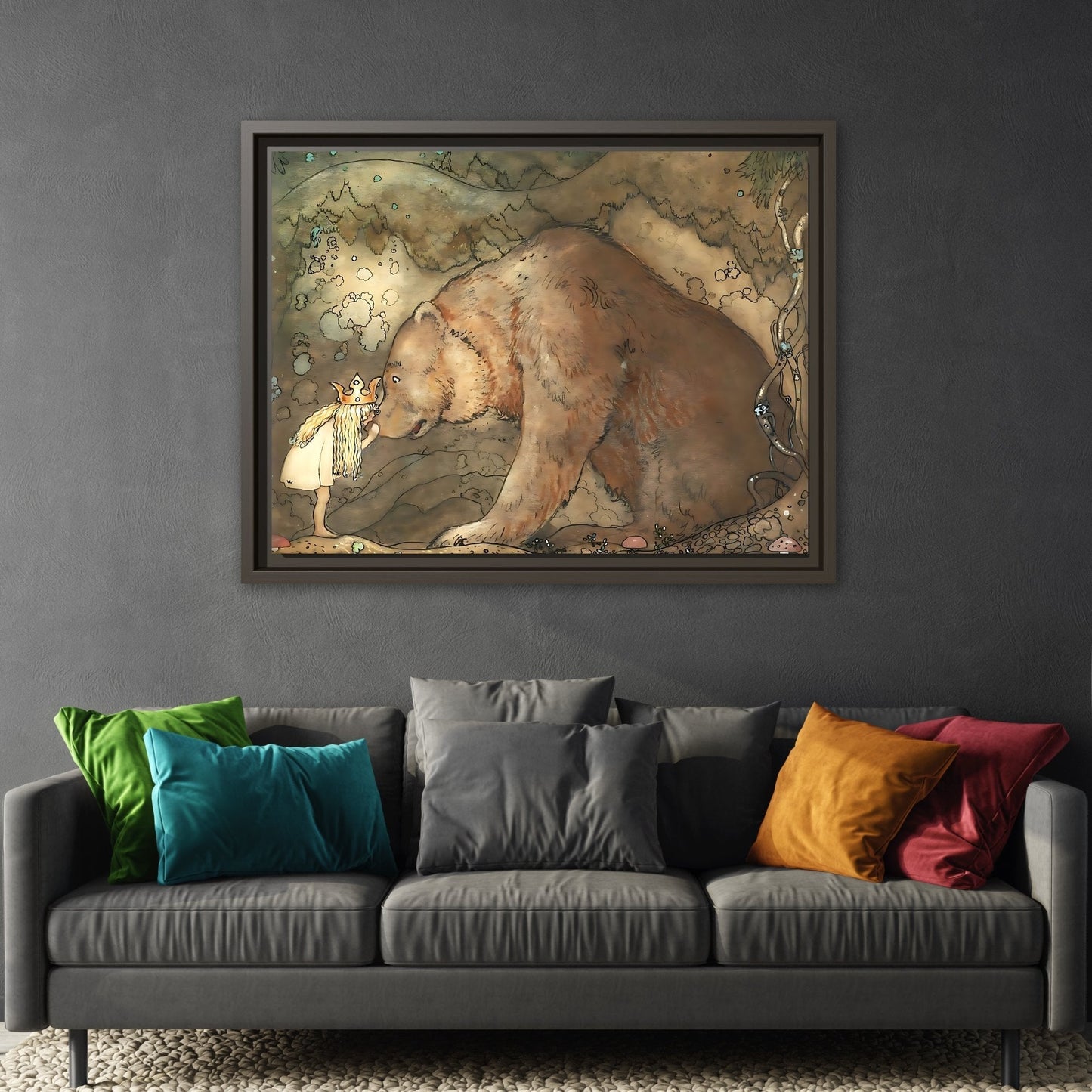 John Bauer Kissed Bear Canvas Print - Framed Fairy Tale Wall Art Prints
