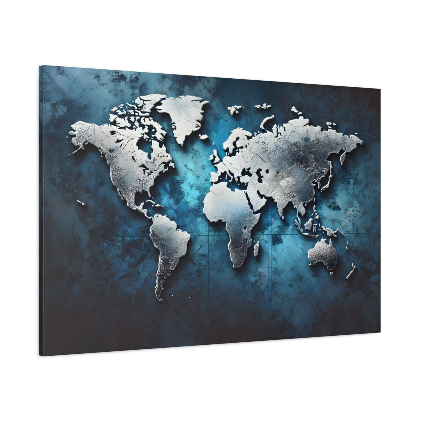 Metallic World Map Canvas Print - Large Blue Silver Travel Wall Art